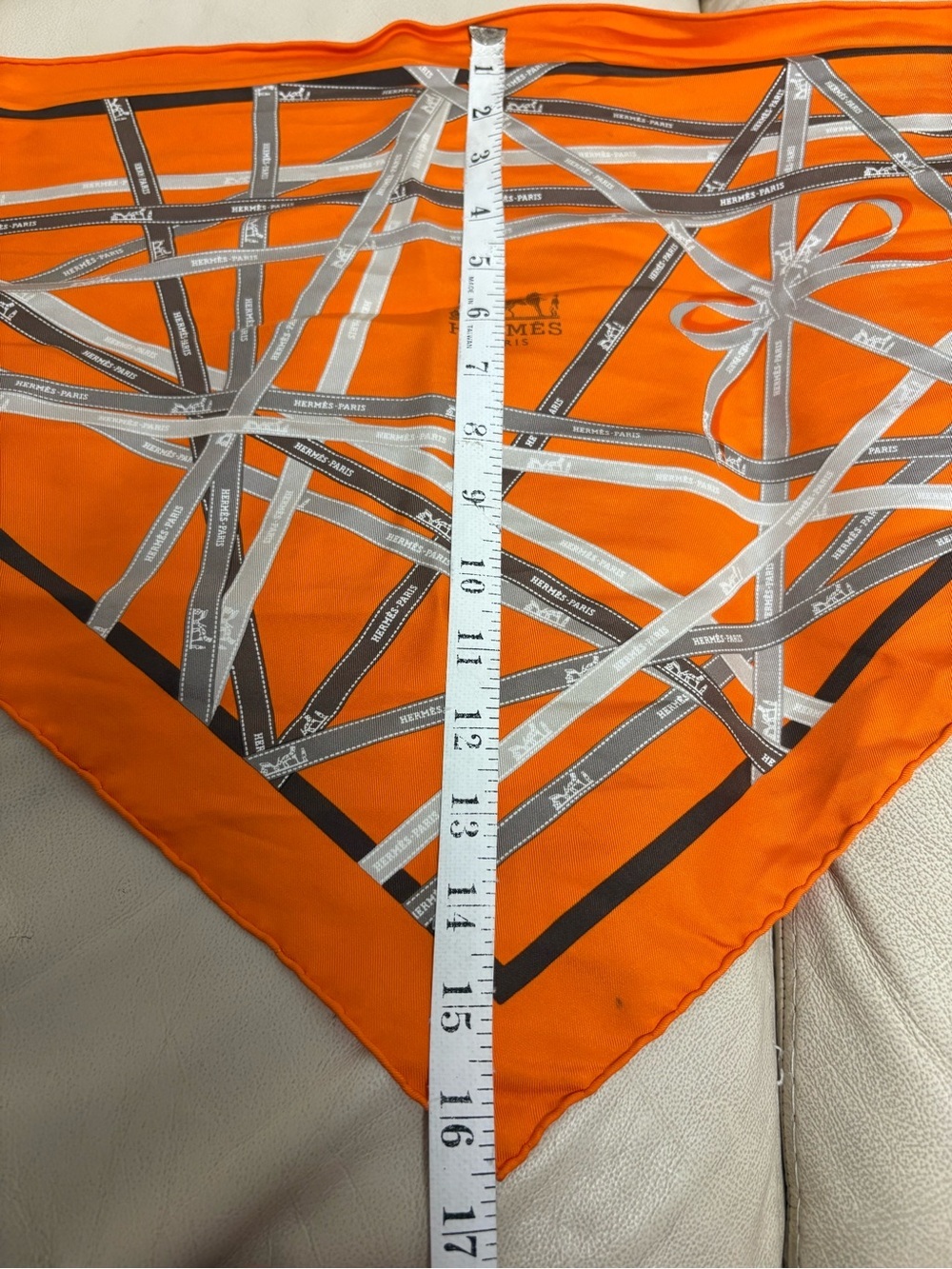 VTG HERMES Bolduc Triangle Silk Scarf Orange Brown White Gray Ribbon - Picture 7 of 15